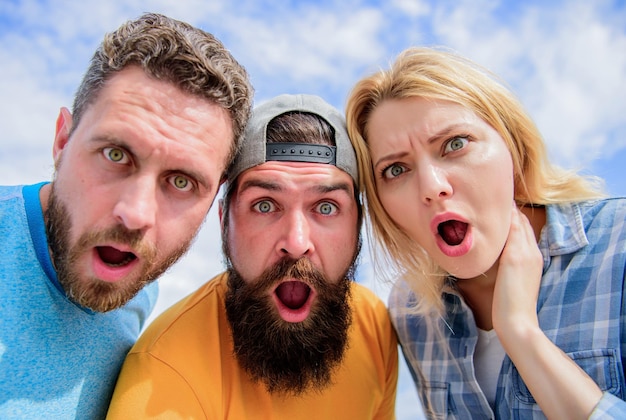 Amazed surprised face expression How to impress people Shocking impression Men with beard and woman looking shocked No way Friends shocked faces looking at you That is impossible Shocking news