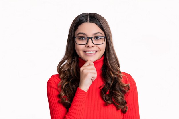 Amazed teen girl look in eyewear isolated on white background teen girl look in eyewear