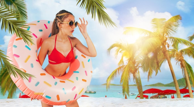 Amazed woman exits from an inflatable donut