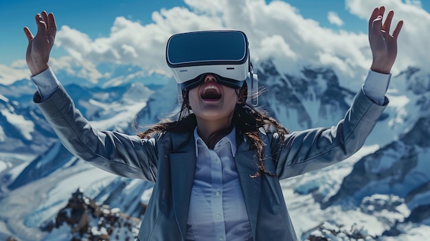 VRヘッドセットで驚愕した女性 背景の仮想山 没入型仮想現実 AI生成