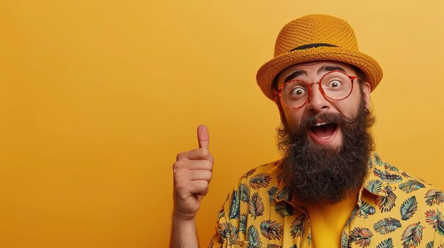 Photo amazed young man has thick dark beard dressed in fashionable clothes