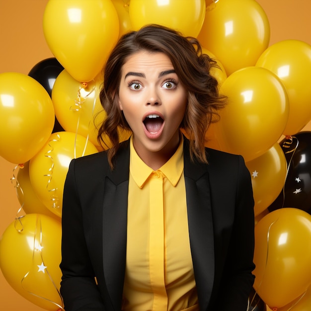 Amazed young woman in suit jacket celebrating birthday holiday party with bunch of air ballons keepi