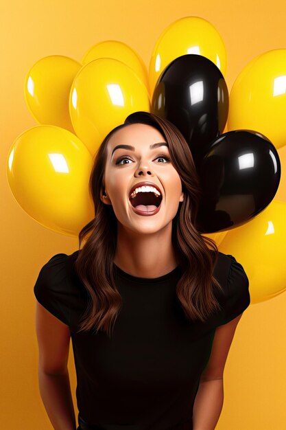 Amazed young woman with bunch of black air balloons isolated on yellow background