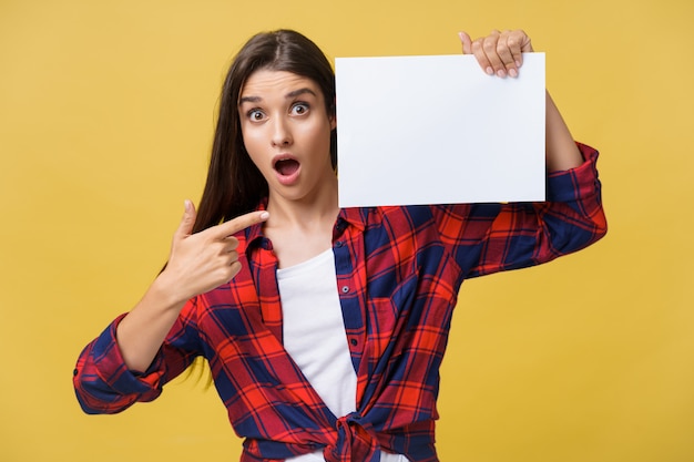 Amazement or surprised female with blank white panel