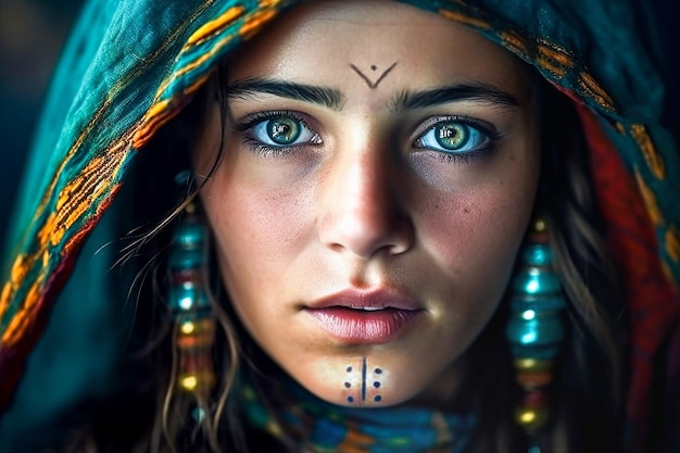 An amazigh girl with turquoise eyes and a blue scarf