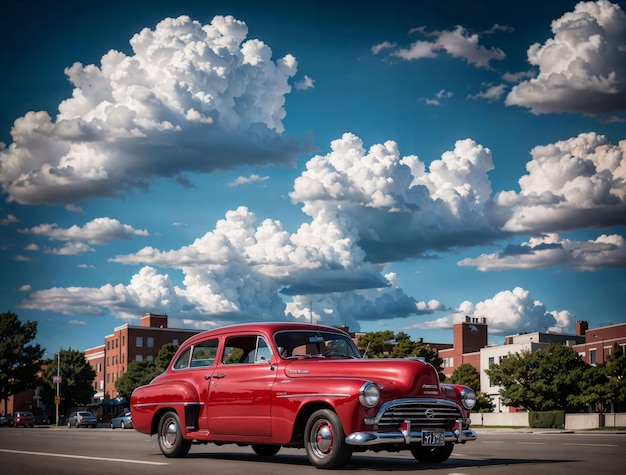 Удивительный ретро-красный автомобиль в стиле 1950-х годов, красивые облака на заднем плане