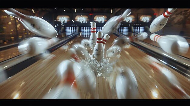 Amazing 3D rendering of a bowling ball crashing into the pins The pins fly in all directions