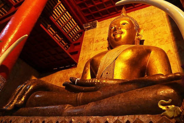 Photo amazing 6 meter high gilded buddha image in wat phra that chang kham worawihan thailand