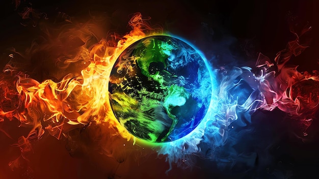 写真 青とオレンジの炎で惑星地球の驚くべき抽象的なデジタル絵画