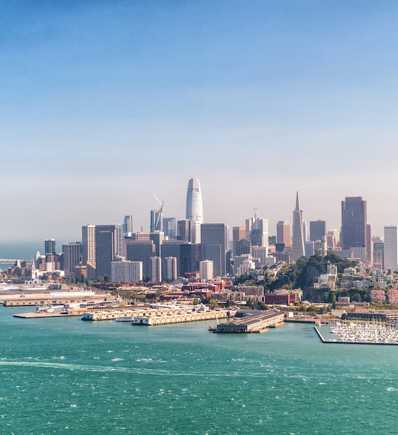 Amazing aerial skyline of San Francisco from helicopter, California - USA.