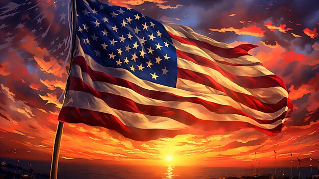 素晴らしいアメリカの国旗と日没時の花火生成AI
