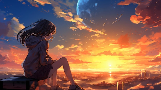 素晴らしいアニメの女の子の空ビーチ夕日の絵画の壁紙画像 AI 生成アート