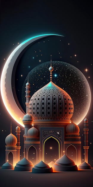 Amazing architecture design of muslim mosque crescent moon starry night ramadan mubarak concept Generative AI Shiny lights