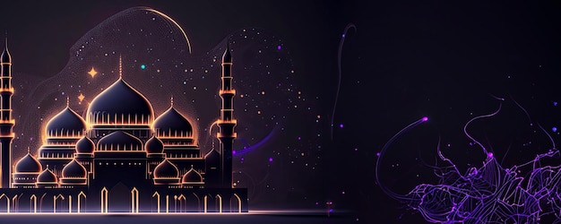 Amazing architecture design of muslim mosque decorated with golden lights ramadan mubarak concept Generative AI Shiny lights