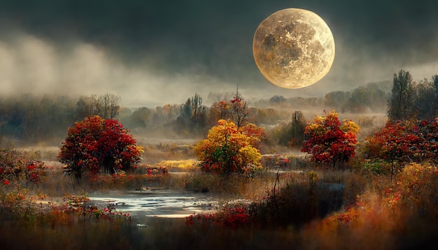 Amazing autumn landscape at night in moonlight idyllic and peaceful nature scenery Digital art