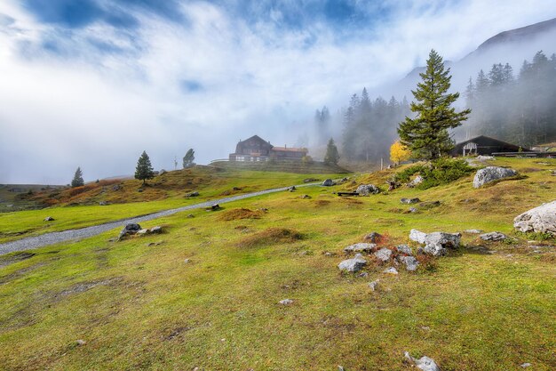 Amazing autumn view of Oeschinen valley