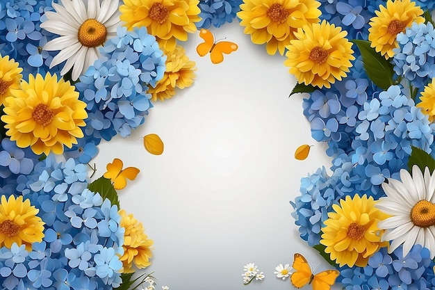 Удивительный фон с гортензиями и маргаритками Желтые и синие цветы на белом пустом цветочной карте природа боке бабочки