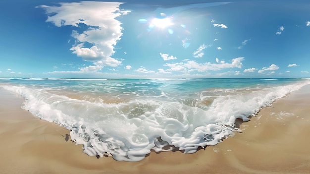 Amazing beach scene with white sand and turquoise water A big wave is crashing on the shore Blue sky and white clouds in the background