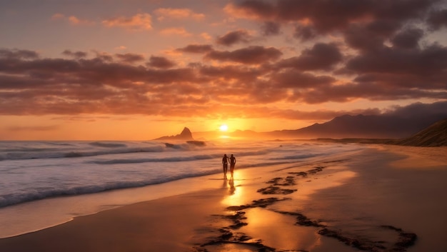 Amazing beach sunset with endless horizon and lonely figures in the distance