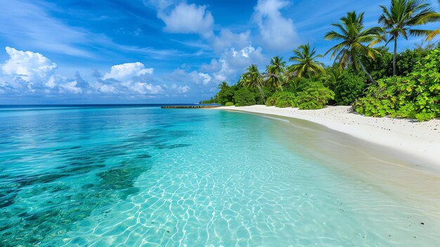 Amazing beach White sand and palm trees The water is crystal clear and blue The sky is blue and there are some white clouds The sun is shining