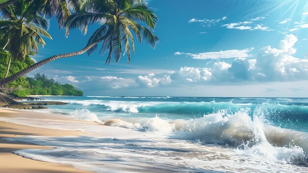 白い砂とナツメヤシの木がある素晴らしいビーチリラックスして太陽を楽しむのに最適な場所です