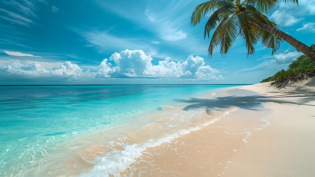 Amazing beach with white sand and palm trees The water is crystal clear and blue The sky is blue and cloudy The sun is shining