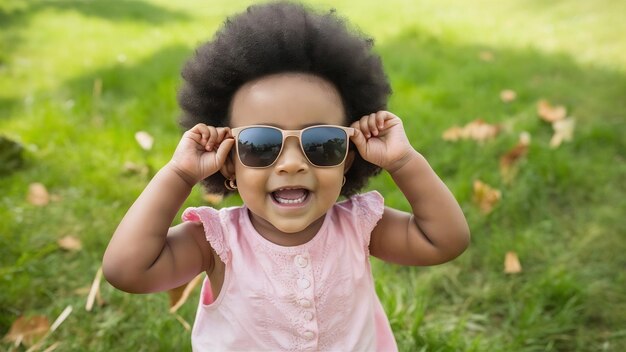 Amazing beautiful african american baby girl with sunglasses having fun