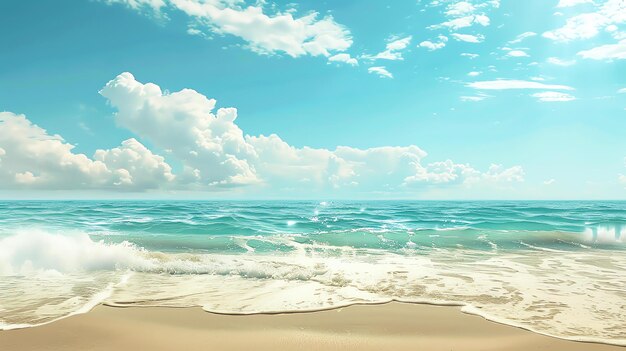 Amazing beautiful beach landscape with white sand and blue ocean Relaxing and inspiring seascape with bright sunlight and fluffy clouds