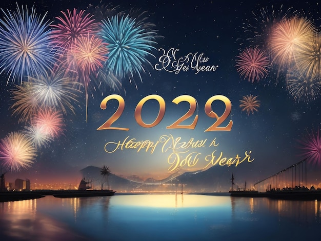 お祝いの夜に素晴らしい美しいカラフルな花火の展示新年明けましておめでとうございます2024年 - 海のビーチで水面に多色の反射を示します