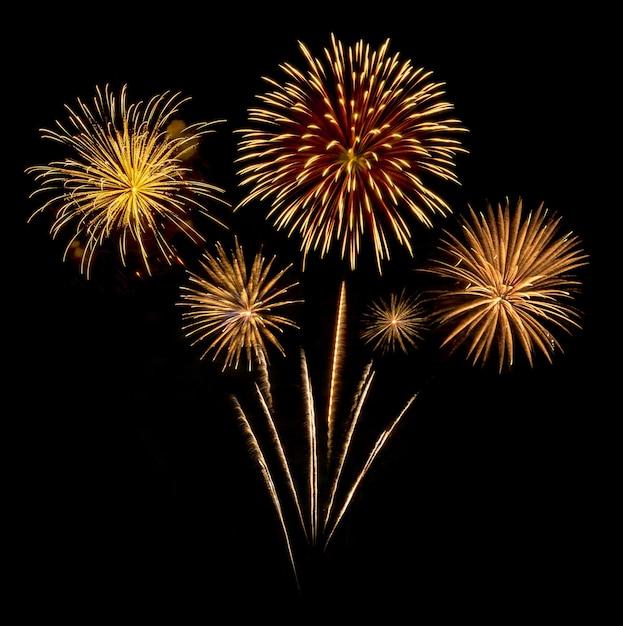 Incredibile bellissimo fuoco d'artificio su sfondo nero per la celebrazione dell'anniversario, vigilia di natale e felice anno nuovo.