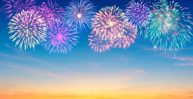 Amazing Beautiful firework on sky cloud background for celebration anniversary merry christmas eve and happy new year.