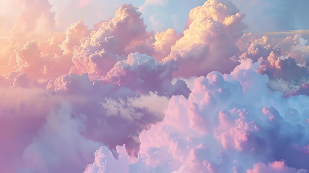 Фото Удивительный красивый пушистый облачный пейзаж с ярко-розовым синим и желтым градиентом