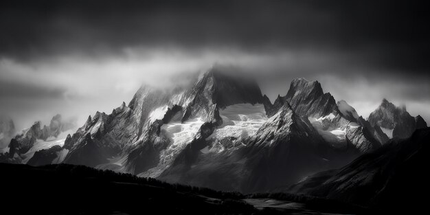 暗い空の美しい山や丘の驚くべき黒と白の写真