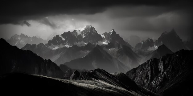 暗い空の美しい山や丘の驚くべき黒と白の写真