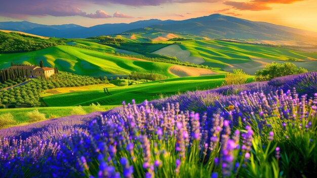 Photo amazing blooming landscape with purple lavender fields in summer in france