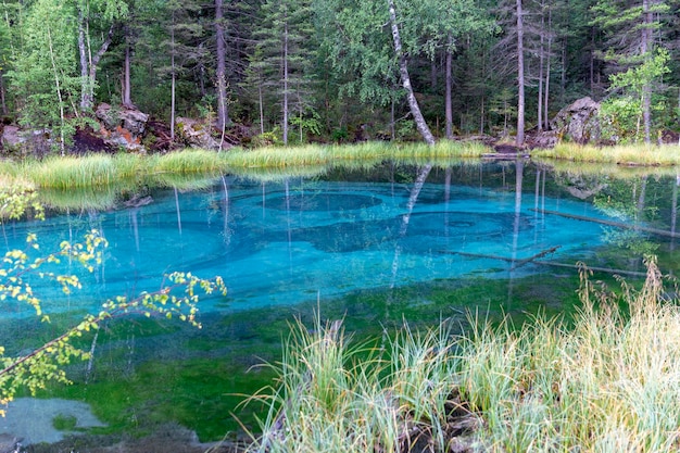 Foto incredibile lago blu geyser nelle montagne dell'altai russia