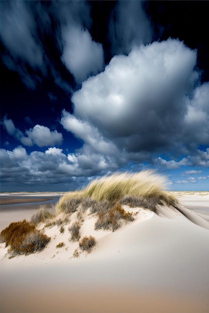 Amazing blue sky with white in motion clouds on the sand dunes Windy day at the beach Generative AI