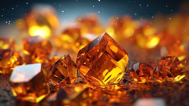 Amazing bright and shiny Amber crystal cluster background Jewel mineral detailed macro Generative AI