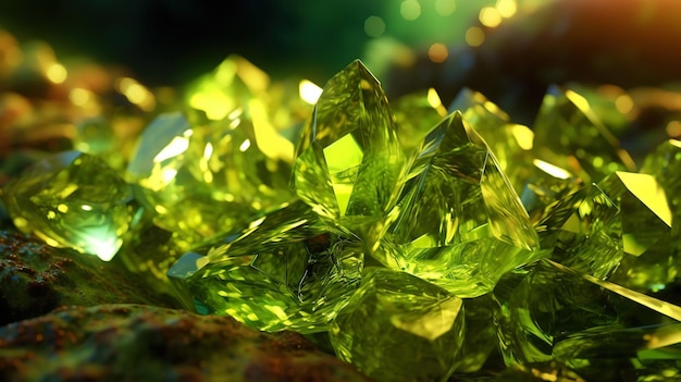 Amazing bright and shiny olivine crystal cluster background jewel mineral detailed generative ai