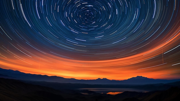 Amazing bright stars above dusk silhouette mountain on horizon