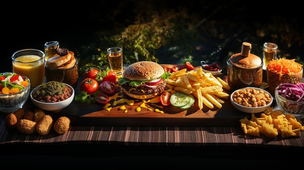 Amazing burger with bread and sesamemeatsalad tomatoes onion and sauces and french fries
