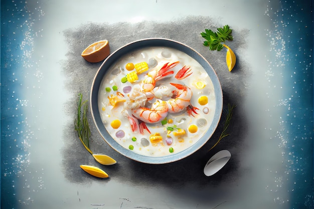 Amazing Chowder Crab Soup with shrimps and corn on concrete