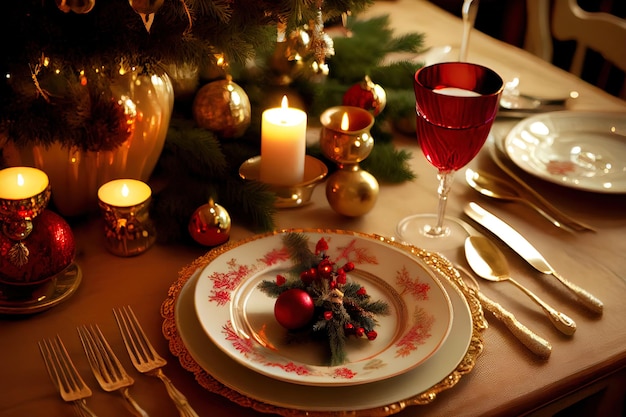 写真 素晴らしいクリスマスのテーブルセッティング