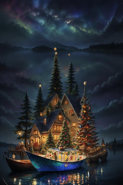 amazing Christmas tree of star light lake side cottage colorful boat watercolor Painting light