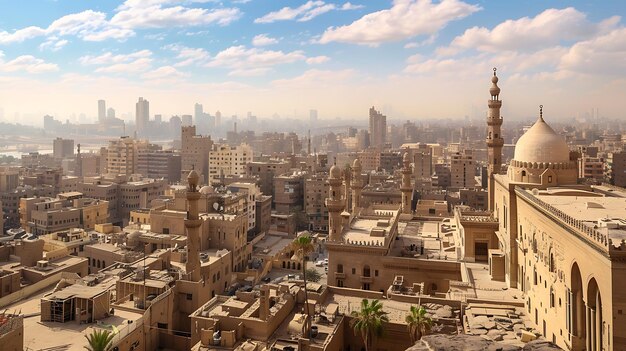 Amazing cityscape view of old middle eastern city with many mosques and minarets