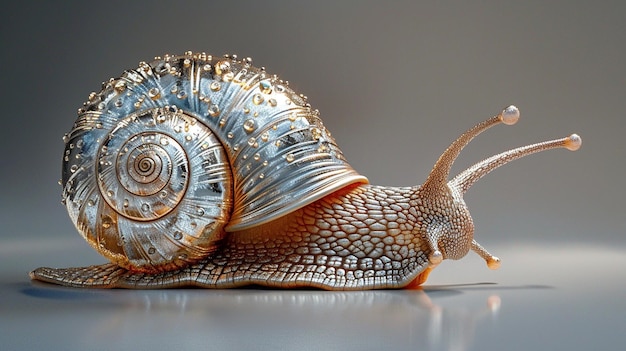 Amazing close up of a snail with its shiny shell and delicate tentacles