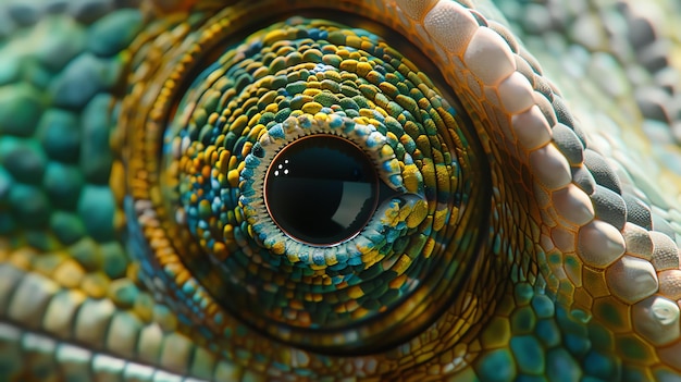 Photo amazing closeup of a chameleons eye the intricate patterns and colors of the chameleons skin are on full display making for a mesmerizing sight