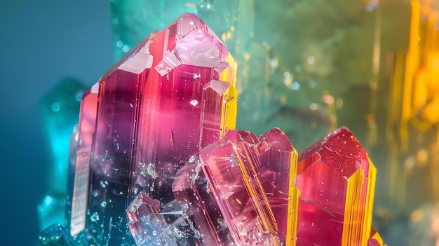 Удивительный крупный план красочных кристаллических образований с гладкими блестящими поверхностями и яркими цветами, отражающими свет и создающими чувство удивления и удивления.