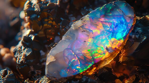 Foto lo straordinario primo piano di una colorata pietra preziosa opale il vibrante gioco di colori è causato dalla rifrazione della luce all'interno della pietra