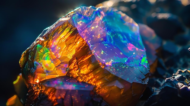 Photo amazing closeup of a colorful rough opal gemstone the vibrant play of colors is caused by the refraction of light within the stone